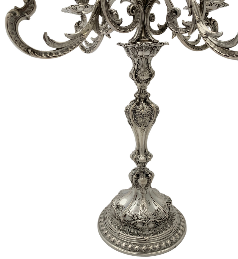 ANTIQUE EUROPEAN 800 SILVER HANDMADE REPOUSSE 5 LIGHT BAROQUE CANDELABRA PAIR