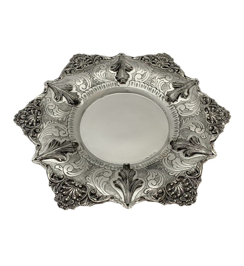 925 STERLING SILVER HANDMADE LEAF ORNATE CHASED SWIRL MATTE SHINY CUP & TRAY