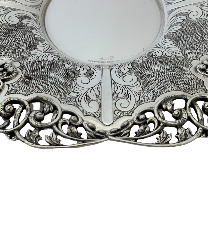 FINE 925 STERLING SILVER HANDMADE CHASED SWIRL LACE ORNATE APPLIQUE CUP & TRAY