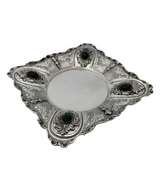 FINE 925 STERLING SILVER & GREEN STONE HANDMADE CHASED LEAF APPLIQUE CUP & TRAY