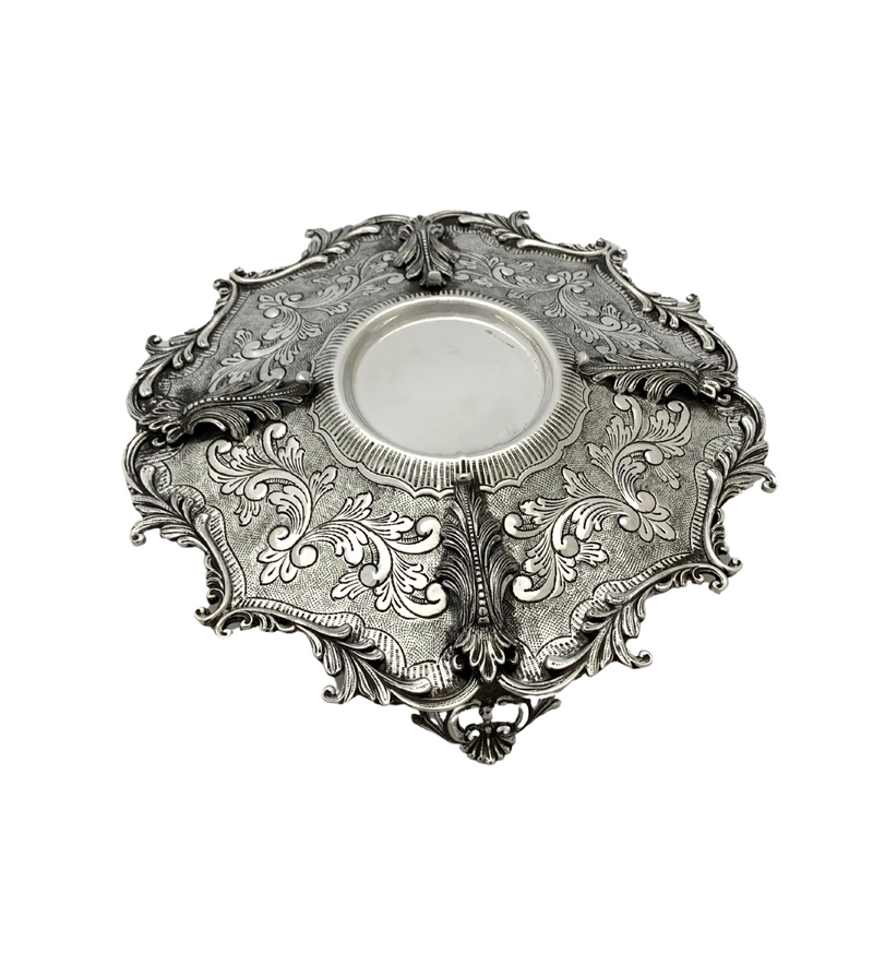 FINE 925 STERLING SILVER HANDMADE LEAF APPLIQUE CHASED SWIRL ORNATE CUP & TRAY