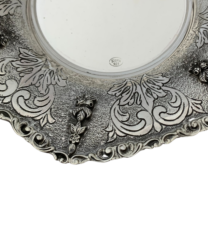 FINE 925 STERLING SILVER HANDMADE CHASED FLORAL LEAF APPLIQUE ORNATE CUP & TRAY