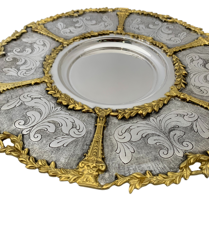 925 STERLING SILVER & GILDED HANDMADE CHASED SWIRL LACE LEAF FLORAL CUP & TRAY