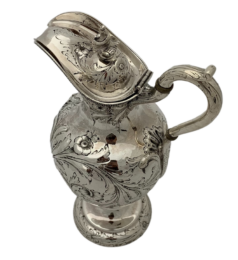 ANTIQUE 925 STERLING SILVER HANDMADE CHASED FLORAL ENGRAVED SHINY OIL PITCHER