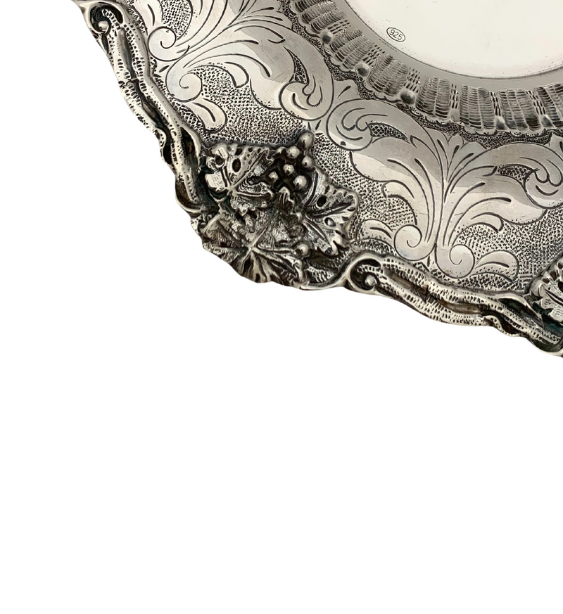 FINE 925 STERLING SILVER HANDMADE LEAF GRAPE CHASED SWIRL ORNATE CUP & TRAY