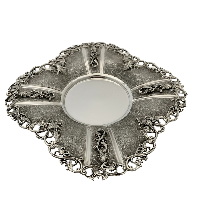 FINE 925 STERLING SILVER HANDMADE LEAF APPLIQUE CHASED ORNATE SQUARE CUP & TRAY