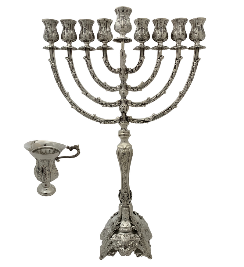 TALL 925 STERLING SILVER HANDMADE CHASED LEAF APPLIQUE ORNATE CHANUKAH MENORAH