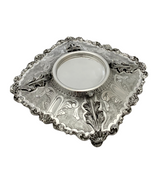 FINE 925 STERLING SILVER HANDMADE LEAF APPLIQUE CHASED SWIRL HONEY DISH & TRAY