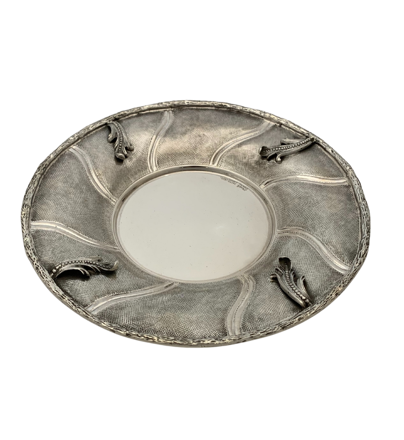 FINE 925 STERLING SILVER HANDMADE LEAF APPLIQUE MATTE & SHINY VIZNIZ CUP & TRAY