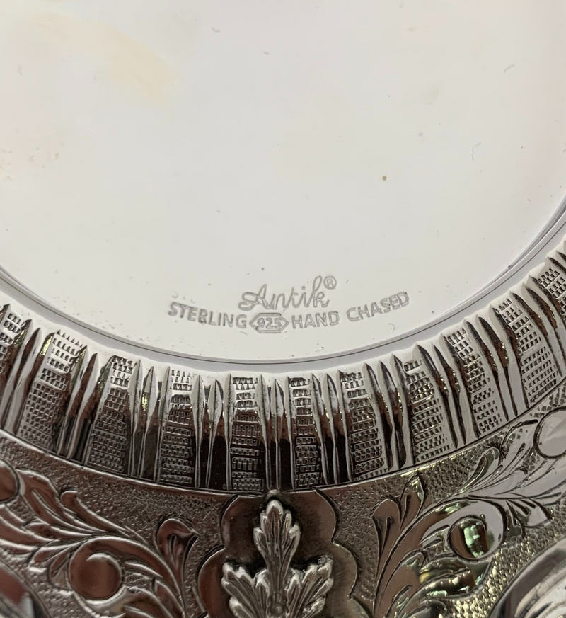 FINE 925 STERLING SILVER HANDMADE FLORAL LEAF APPLIQUE ORNATE MATTE CUP & TRAY