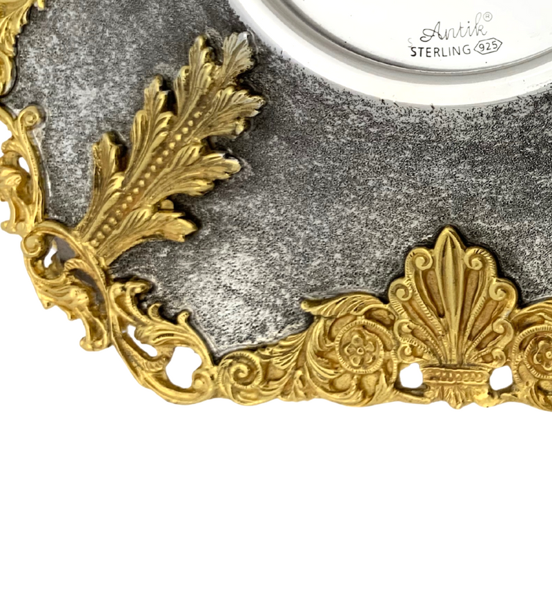 925 STERLING SILVER & GILDED HANDMADE LEAF APPLIQUE ORNATE HONEY DISH & TRAY