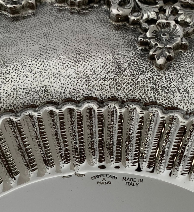 ITALIAN 925 STERLING SILVER HANDMADE ELEGANT MULTI FLOWER MATTE CUP & TRAY