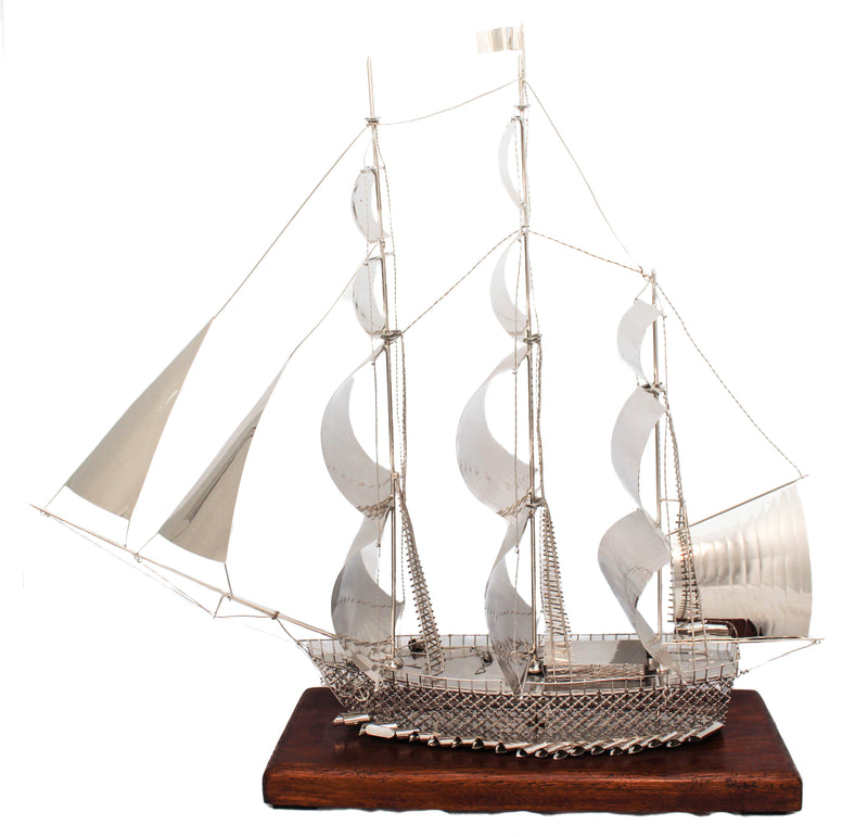 LARGE ITALIAN SILVER PLATED & WOODEN STAND HAND WROUGHT DETAILED SAILBOAT