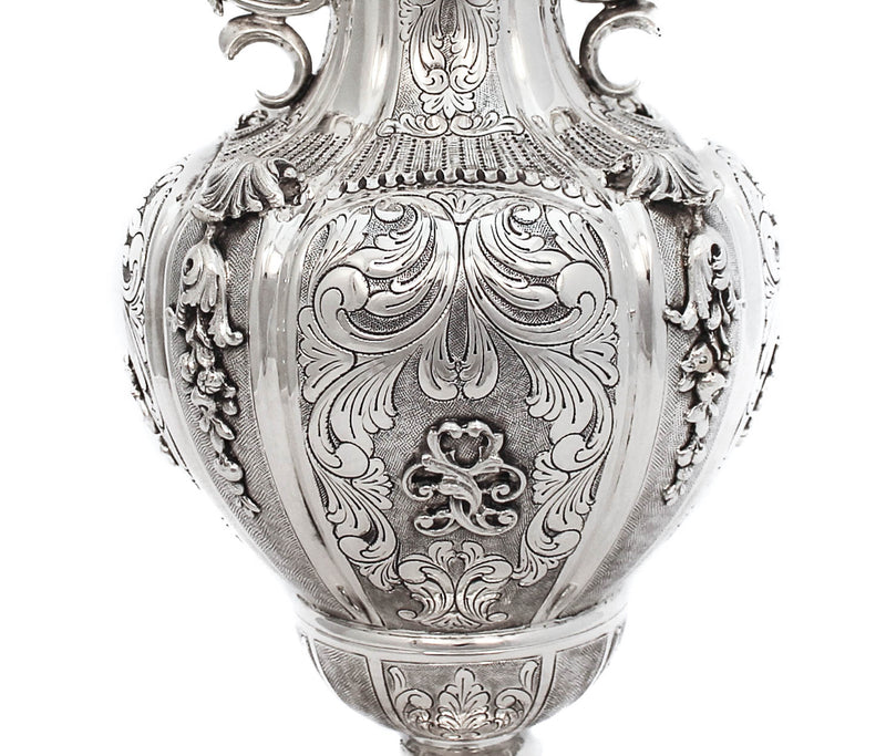 925 STERLING SILVER HAND CHASED & APPLIQUE FLOWER VASE WITH HANDLES