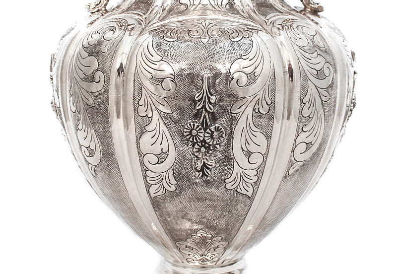 925 STERLING SILVER HAND CHASED & APPLIQUES FLOWER VASE WITH HANDLES