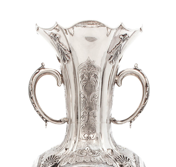 925 STERLING SILVER HAND CHASED & APPLIQUES FLOWER VASE WITH HANDLES