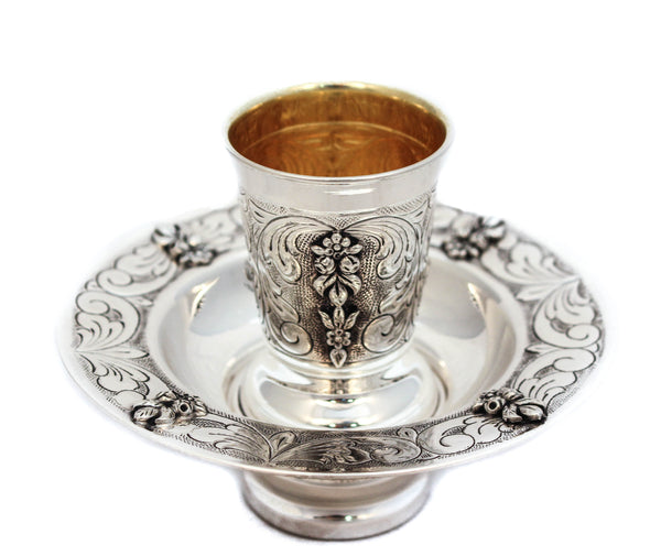 925 STERLING SILVER HANDMADE CHASED FLORAL DESIGNED MAYIM ACHRUNIM CUP & BOWL