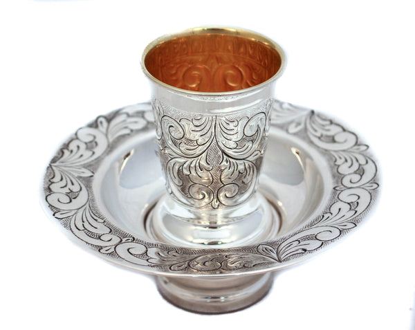 925 STERLING SILVER HANDMADE CHASED FLORAL DESIGNED MAYIM ACHRUNIM CUP & BOWL