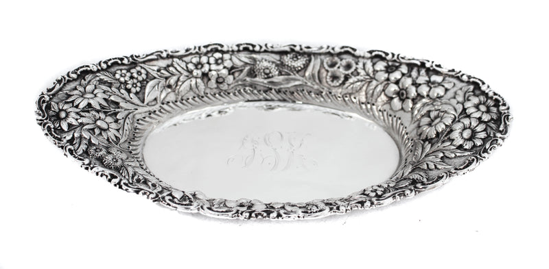 925 STERLING SILVER HANDMADE CHASED HEAVY FLORAL REPOSSE OVAL DISH