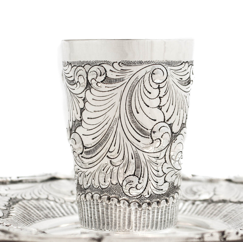 FINE 925 STERLING SILVER HANDMADE CHASED GARLAND DESIGN CUP & TRAY
