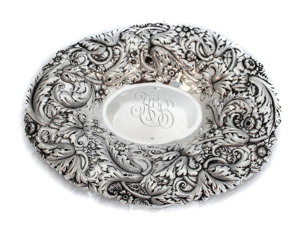 925 ANTIQUE STERLING SILVER HANDMADE CHASED HEAVY FLORAL REPOSSE OVAL DISH