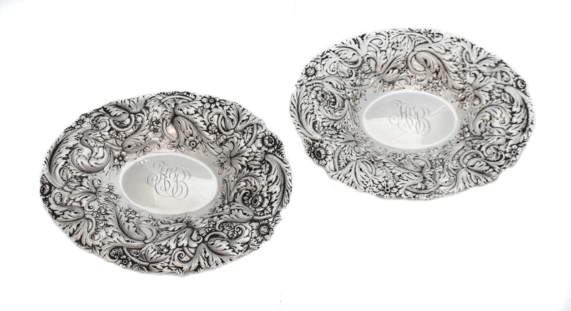 PAIR of 925 ANTIQUE STERLING SILVER HANDMADE CHASED FLORAL REPOSSE OVAL DISHES