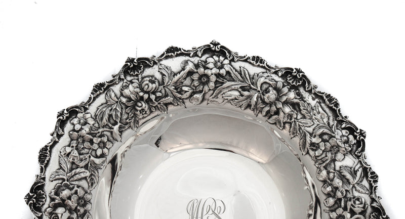 925 ANTIQUE STERLING SILVER HANDMADE CHASED HEAVY FLORAL REPOSSE ROUND DISH