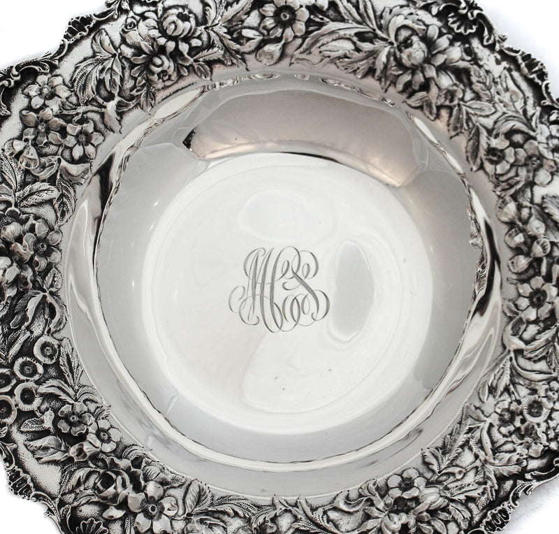 925 ANTIQUE STERLING SILVER HANDMADE CHASED HEAVY FLORAL REPOSSE ROUND DISH