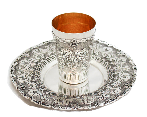 FINE 925 STERLING SILVER HANDMADE CHASED GARLAND DESIGN LEAF APPLIQUE CUP & TRAY