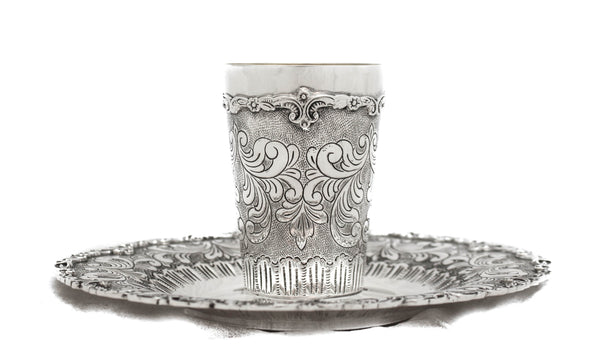 FINE 925 STERLING SILVER HANDMADE CHASED GARLAND DESIGN LEAF APPLIQUE CUP & TRAY