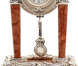 FINE ITALIAN SILVER PLATED FLORAL MARBLE COLUMN SWIRL TABLE CLOCK WITH PENDULUM