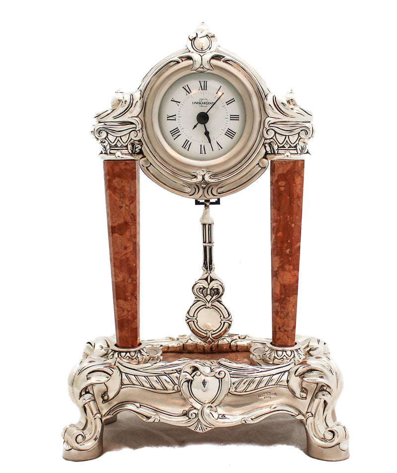 FINE ITALIAN SILVER PLATED FLORAL MARBLE COLUMN SWIRL TABLE CLOCK WITH PENDULUM