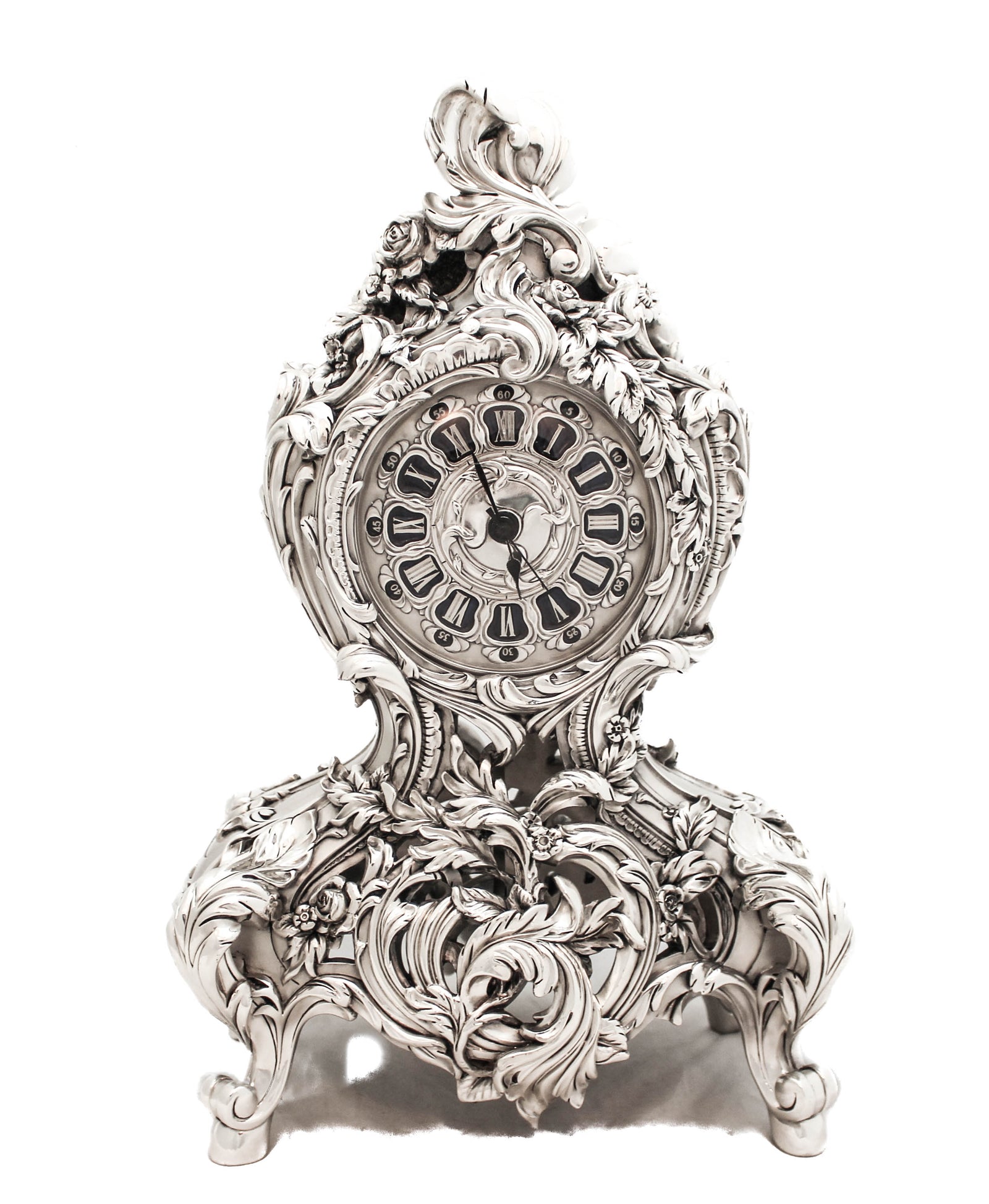 Embossed silver plated mantle clock floral design sold 7