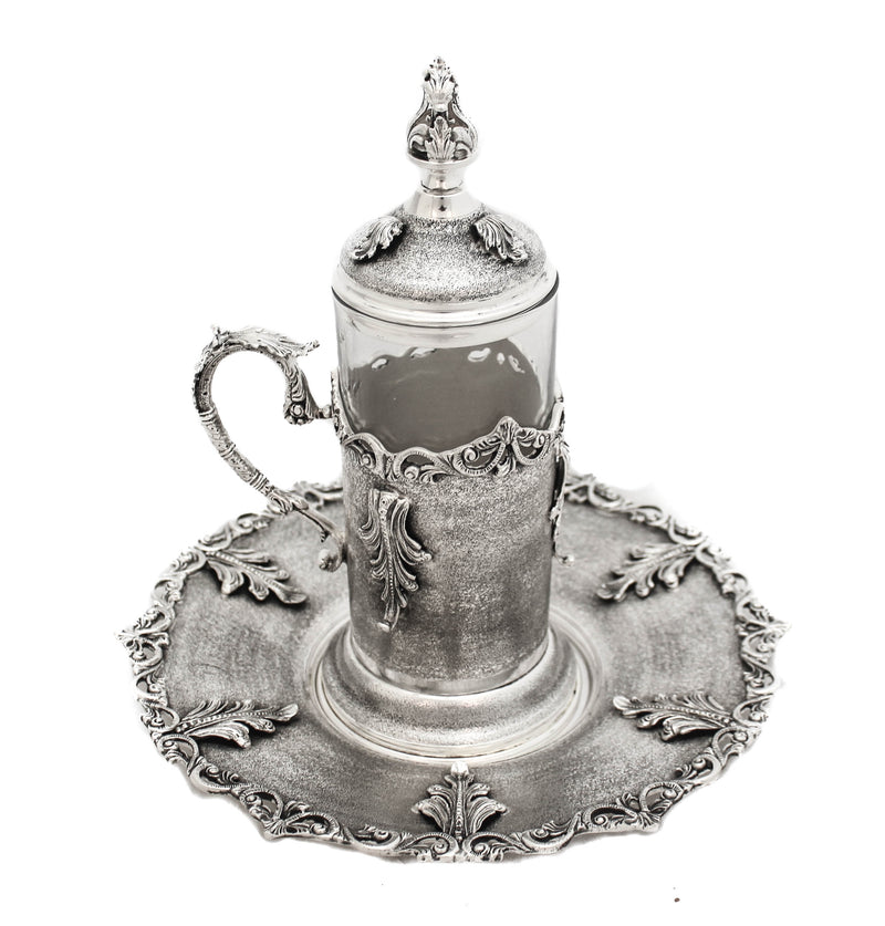 925 STERLING SILVER & GLASS LEAF APPLIQUE HANDCRAFTED TEA SET & TRAY