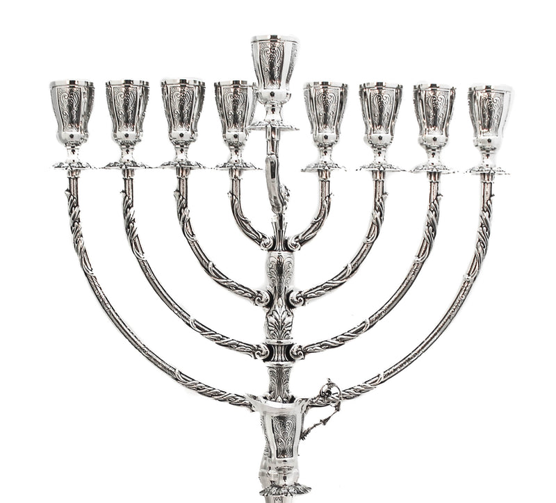 925 STERLING SILVER HAND CHASED LEAF APPLIQUE ROUND BASE AMADEO CHANUKAH MENORAH