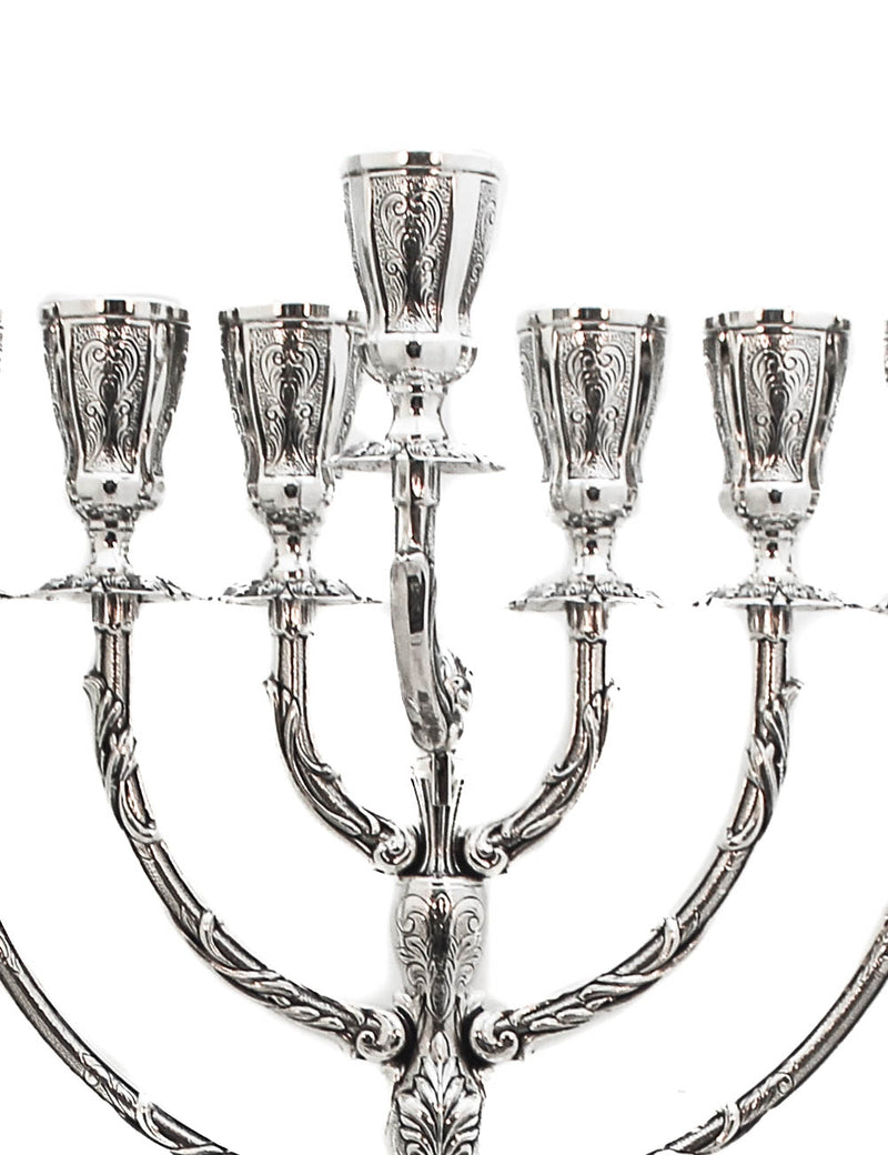 925 STERLING SILVER HAND CHASED LEAF APPLIQUE ROUND BASE AMADEO CHANUKAH MENORAH
