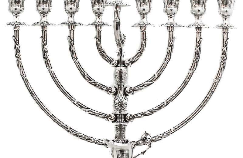 925 STERLING SILVER HAND CHASED LEAF APPLIQUE ROUND BASE AMADEO CHANUKAH MENORAH
