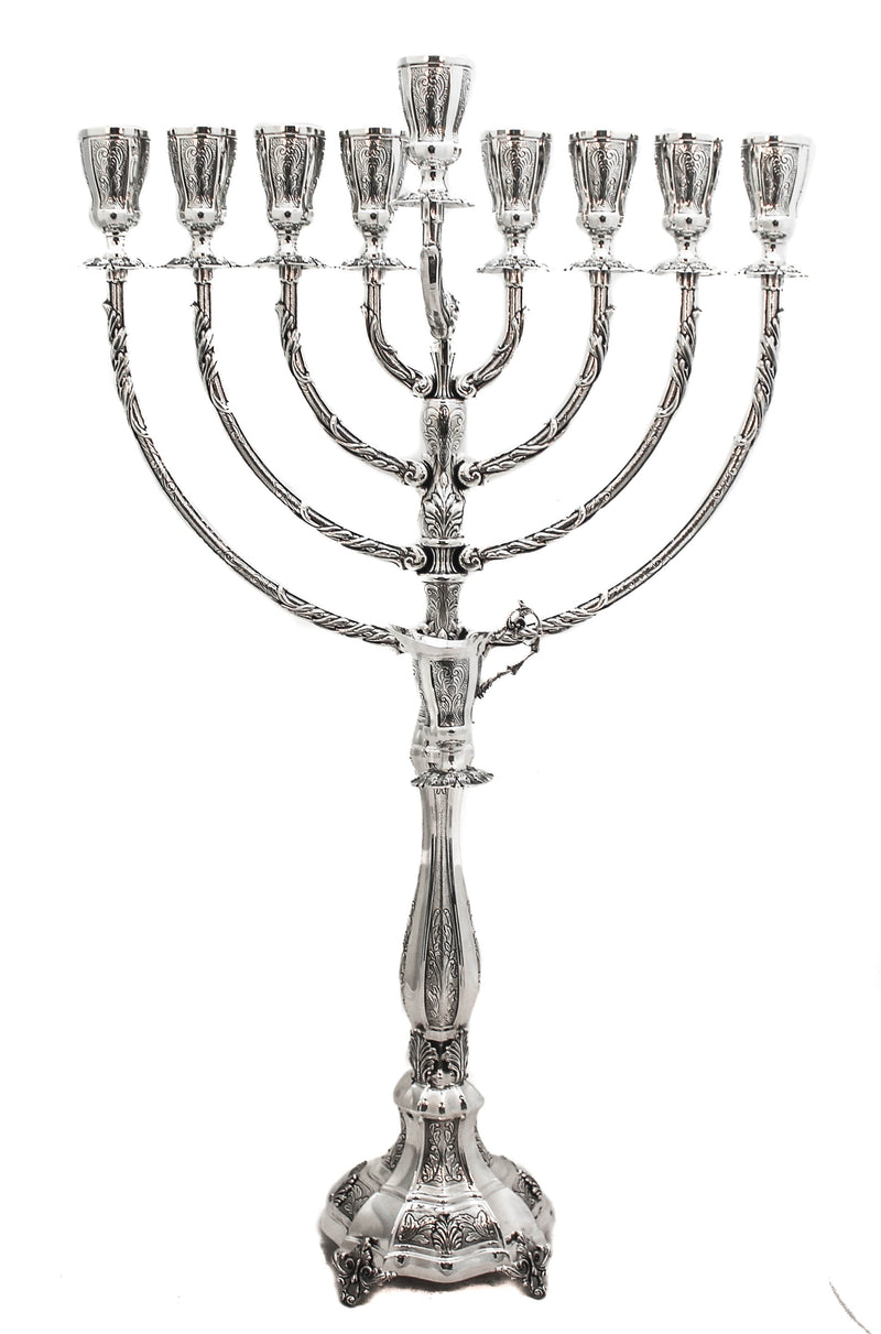 925 STERLING SILVER HAND CHASED LEAF APPLIQUE ROUND BASE AMADEO CHANUKAH MENORAH