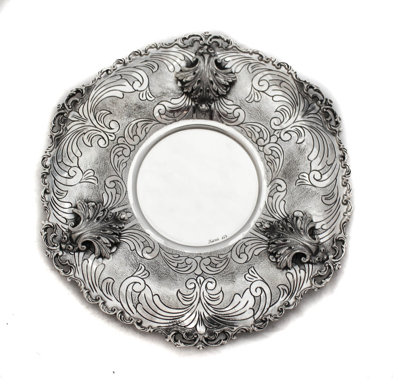 FINE 925 STERLING SILVER HANDMADE CHASED LEAF APPLIQUE SWIRL MATTE CUP & TRAY