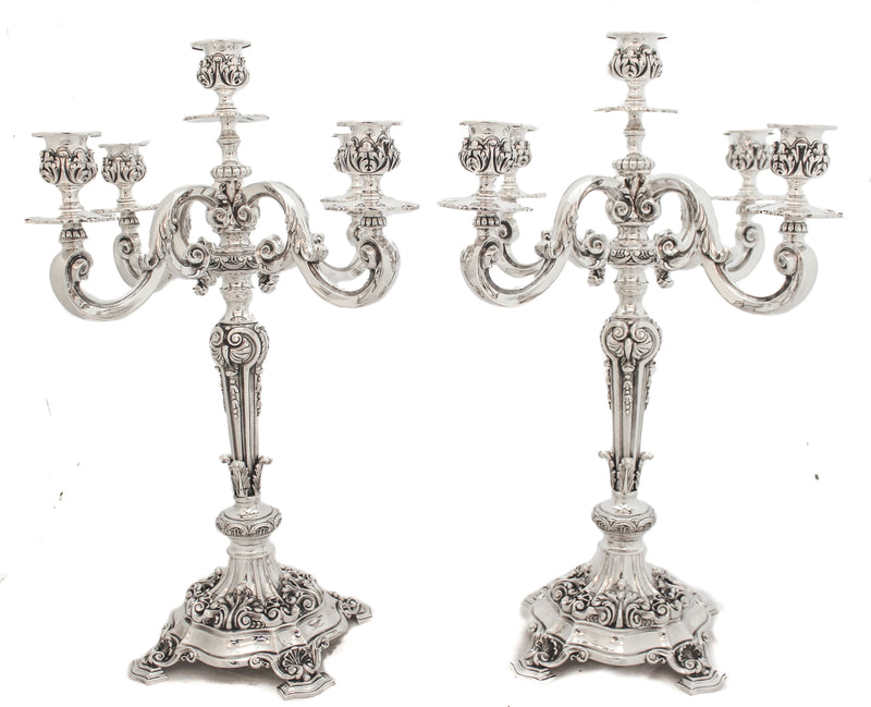 PAIR OF OLD PORTUGUESE 800 SILVER CHASED LEAF APPLIQUE FIVE LIGHT CANDELABRA