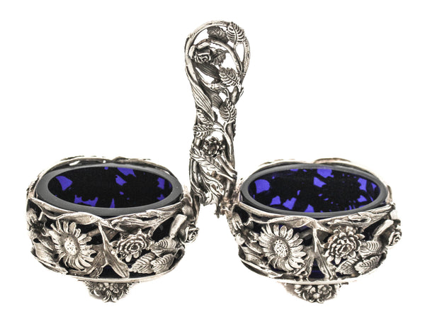 ITALIAN 925 STERLING SILVER & CRYSTAL HANDMADE ROSES DOUBLE SALT HOLDER