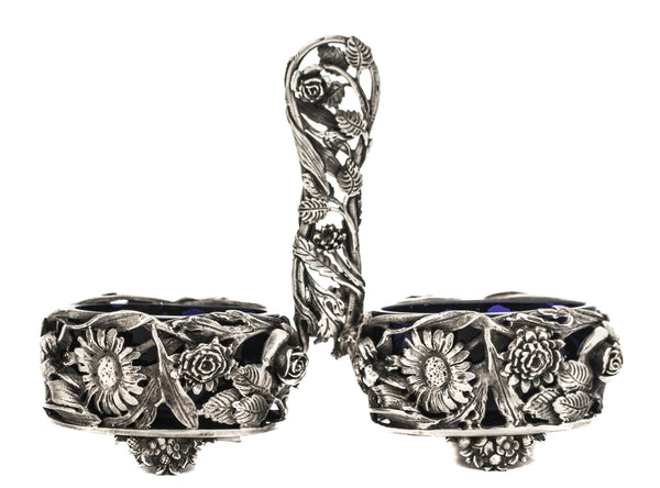 ITALIAN 925 STERLING SILVER & CRYSTAL HANDMADE ROSES DOUBLE SALT HOLDER