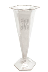 FINE 925 ANTIQUE STERLING SILVER CHASED SLEEK BEADED TRIM ENSCRIBED FLOWER VASE