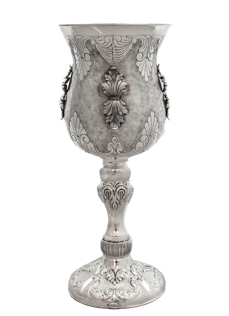 FINE 925 STERLING SILVER HAND CHASED & LEAF APPLIQUES ELIYAHU PASSOVER CUP