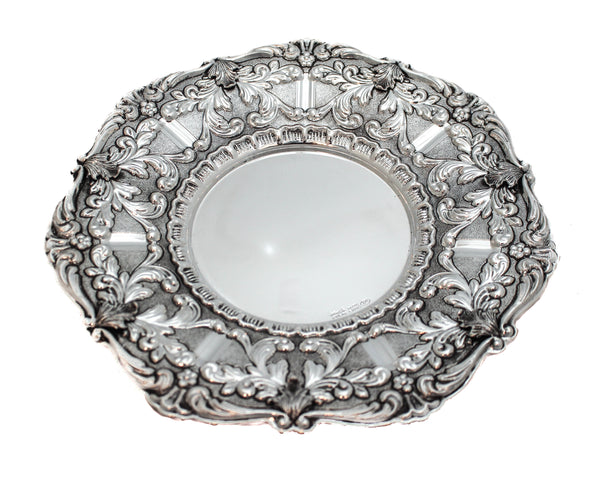 925 STERLING SILVER HANDMADE CHASED LEAF APPLIQUES ROUND PLATE TRAY