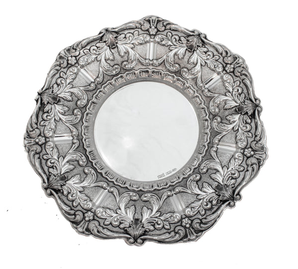 925 STERLING SILVER HANDMADE CHASED LEAF APPLIQUES ROUND PLATE TRAY