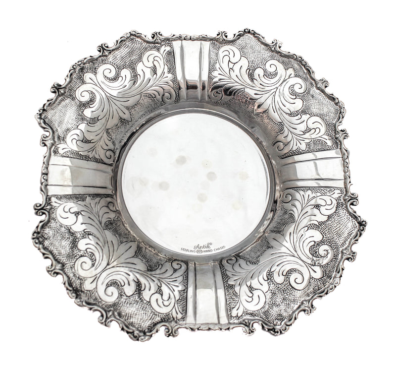 FINE 925 STERLING SILVER HANDMADE LEAF SWIRL CHASED ORNATE CUP & TRAY