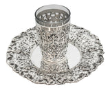 925 STERLING SILVER & GLASS INSERT HANDMADE CHASED FLORAL APPLIQUE CUP & TRAY