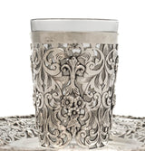 925 STERLING SILVER & GLASS INSERT HANDMADE CHASED FLORAL APPLIQUE CUP & TRAY
