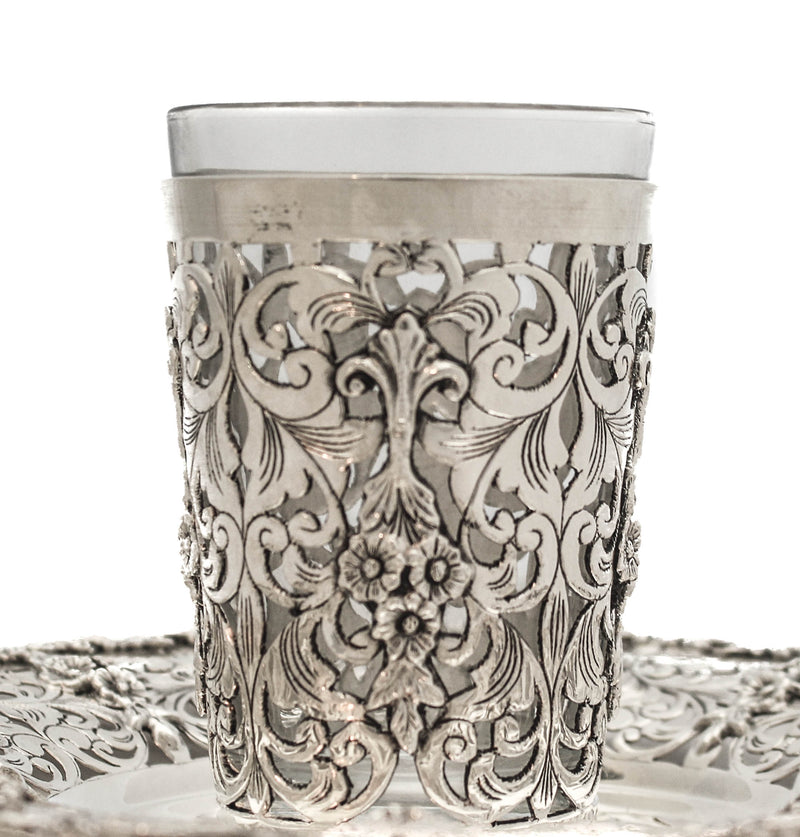 925 STERLING SILVER & GLASS INSERT HANDMADE CHASED FLORAL APPLIQUE CUP & TRAY